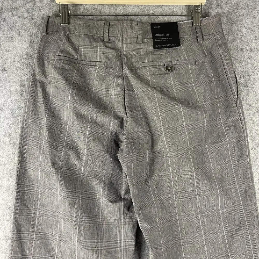 Banana Republic Pants Mens 33/34‎ Gray Glen Check Modern Fit Cotton Career NEW
